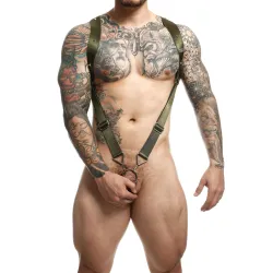 MOB Eroticwear Harnais élastique et Cockring Straight Back Vert Kaki